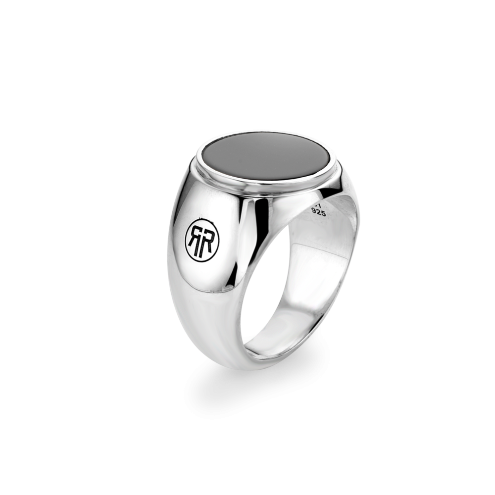 Sterling Silver Rings - Ring Round Onyx Lowneck