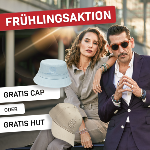 Wenn Sie zu Ihrer Bestellung einen Betrag von bis zu 89,00 Euro hinzufügen, können Sie eine kostenlose Cap oder Hut dazu wählen.